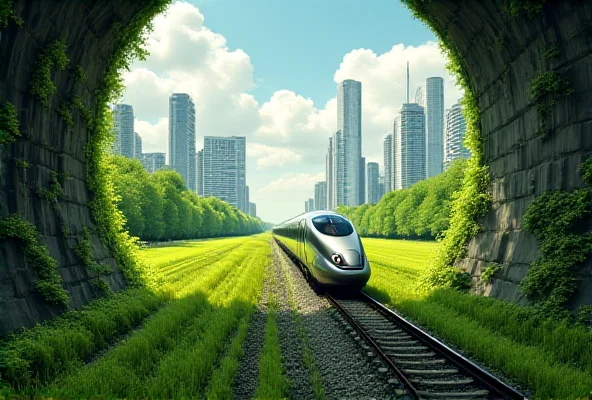 An artist's rendering of a high-speed train emerging from a tunnel in a green, urban landscape.