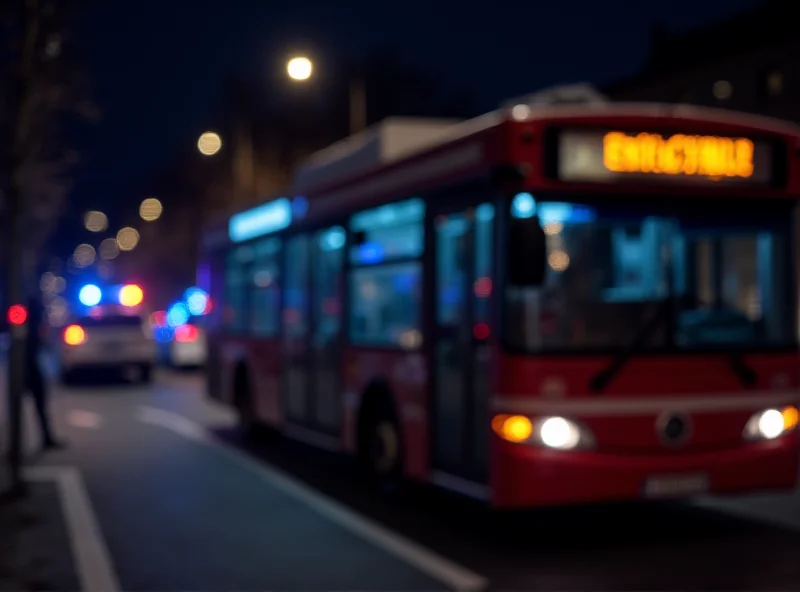 A blurred image of a bus with police lights in the background, symbolizing the recent incident involving a bus driver.