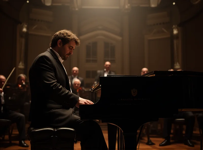 Lukáš Vondráček playing piano on stage with an orchestra in the background