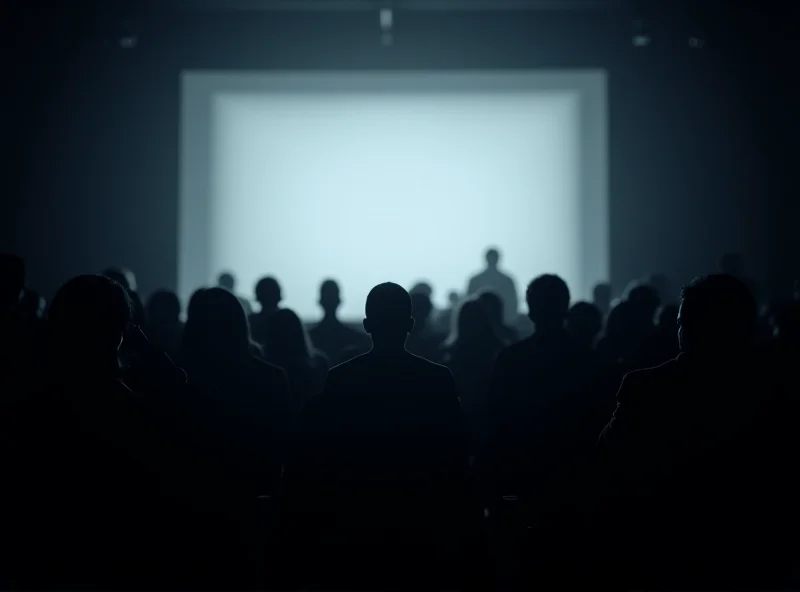 Audience members watching a film at a film festival, with a large screen in the background