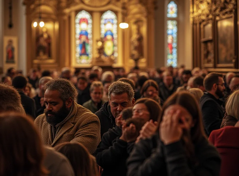 A crowd of people praying in a chapel, with soft lighting and religious iconography in the background.