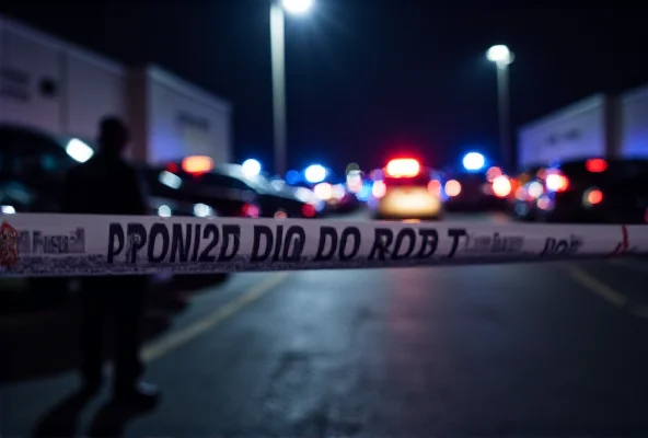 Police tape cordoning off a parking lot at night, with flashing police lights and a blurred figure of a police officer in the background. The scene is somber and suggests an ongoing investigation.