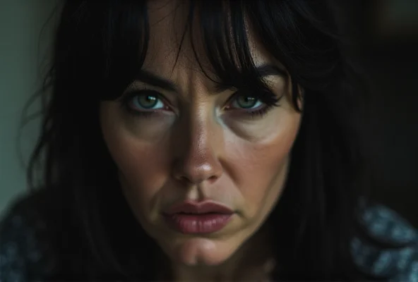 Close-up of a woman's face, looking distressed and concerned. She has dark hair and expressive eyes. The background is blurred and out of focus, emphasizing her emotional state.