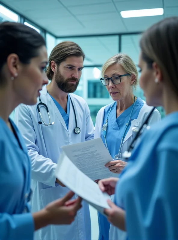 A diverse group of doctors and nurses collaborating in a modern hospital setting.