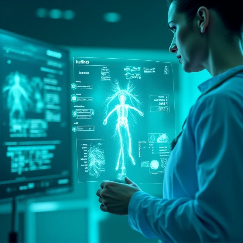 A futuristic medical interface displaying patient data and treatment options.