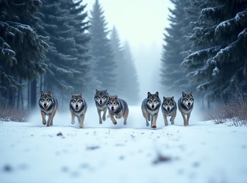 A pack of wolves running through a snowy forest.