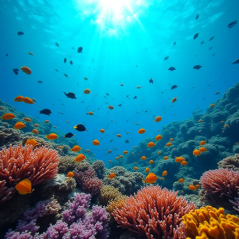 A diverse coral reef teeming with marine life.