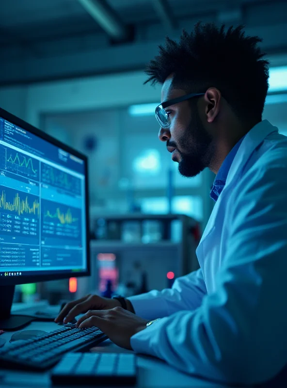 A scientist studying data on a computer screen.