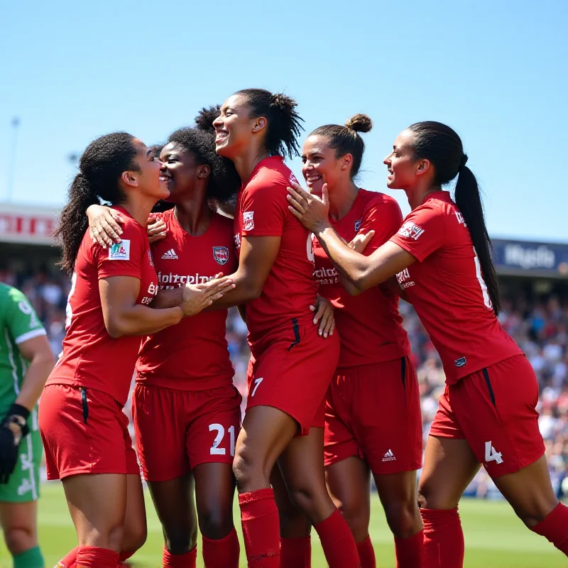 A group of Portsmouth women's soccer players celebrating a victory, jumping and hugging, with a clear blue sky in the background.