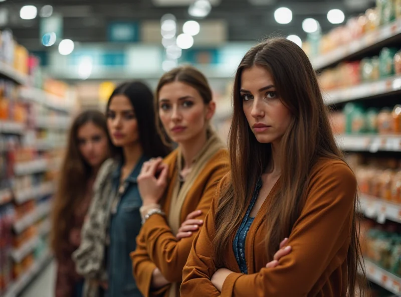 Image of shoppers looking at price tags with concerned expressions.