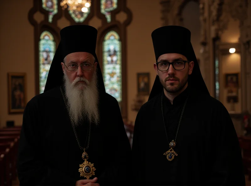 AI generated image of two orthodox priests looking serious and concerned inside an ornate church.