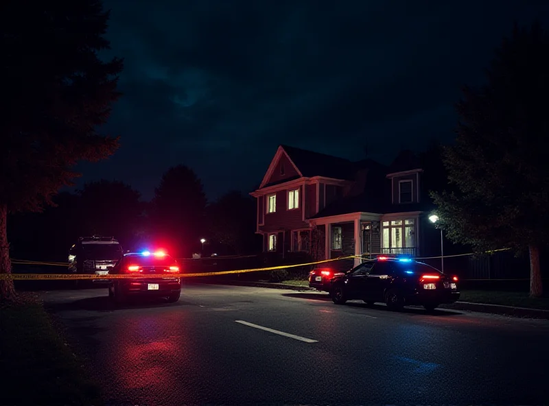 AI generated image of crime scene tape surrounding a suburban house at night.