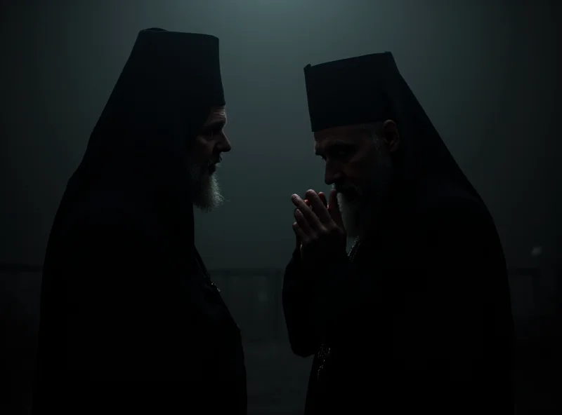 Illustration of two Russian Orthodox priests in a dark setting, symbolizing the alleged plot.