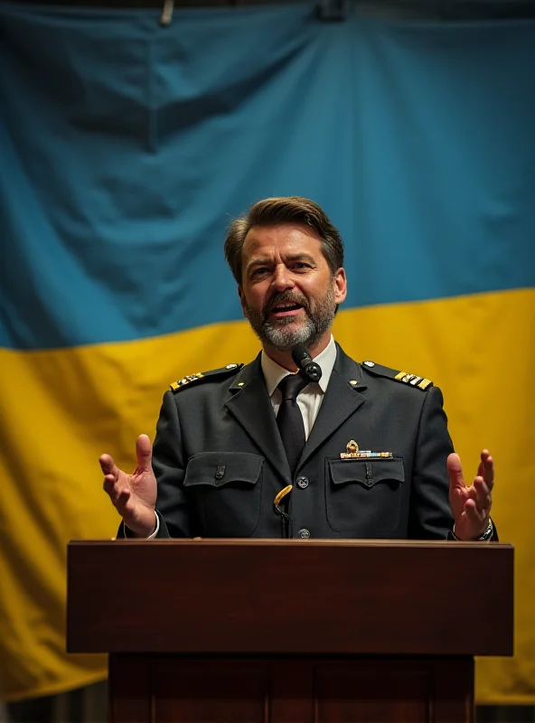 Volodymyr Zelenskyy giving a speech, looking determined, with the Ukrainian flag in the background.