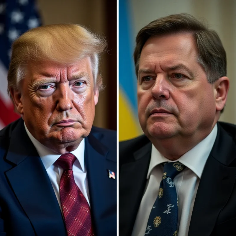 A split image: On the left, Donald Trump looking serious. On the right, Volodymyr Zelenskyy looking contemplative. A faded American and Ukrainian flag are in the background.