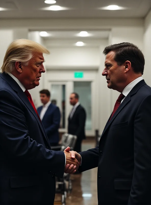 Donald Trump and Keir Starmer shaking hands in a hypothetical scenario, with subtle hints of trade deals in the background.