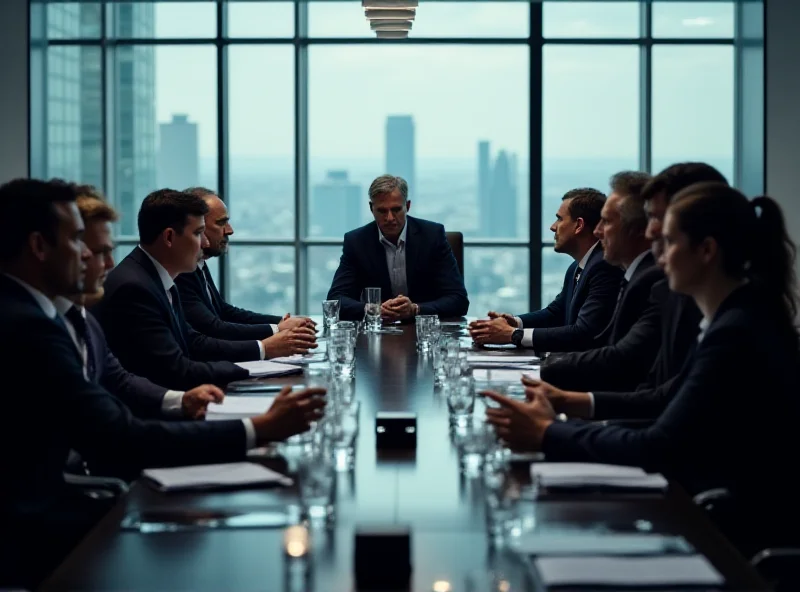 A tense boardroom meeting with people arguing around a table