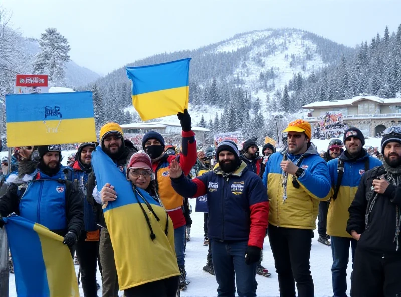 Protesters holding signs near a ski resort, some with Ukrainian flags and others with Palestinian flags. The scene depicts a peaceful demonstration with snow-covered mountains in the background.