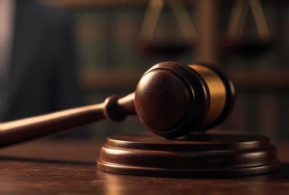 A gavel resting on a wooden sound block in a courtroom setting, symbolizing a legal decision or agreement. The background is blurred, focusing attention on the gavel and the sound block.