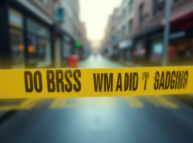 Police tape with the words 'CRIME SCENE DO NOT CROSS' stretched across an urban street. The background includes blurred buildings and street details, emphasizing the severity of the situation.