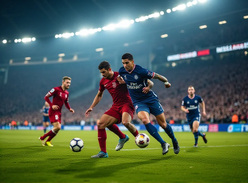 A dynamic football match scene with players from PSG and Dunkerque battling for the ball.