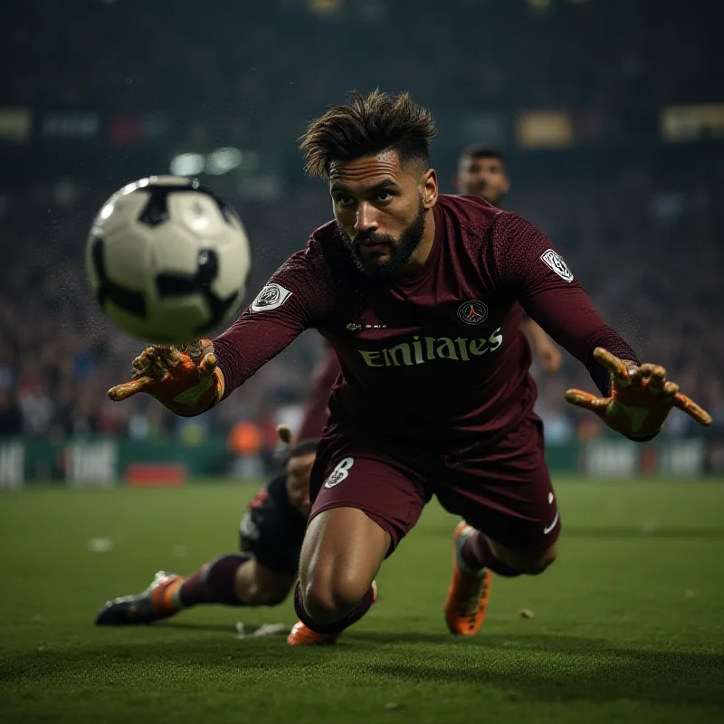 Close-up shot of Donnarumma making a save during a PSG match, showcasing his focus and agility.