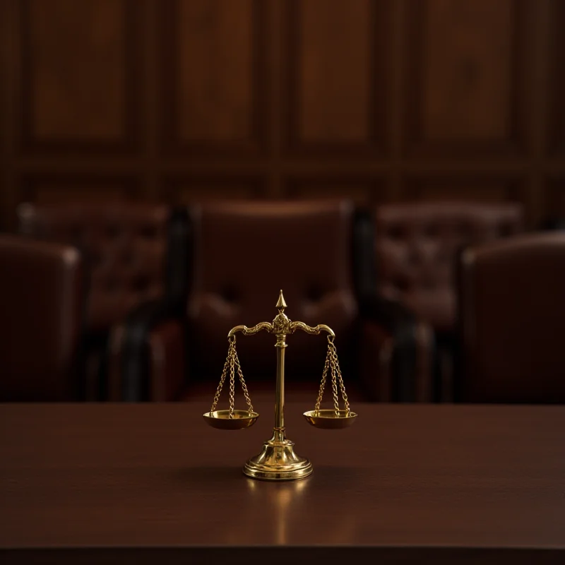 A scale of justice in front of a blurred courtroom background