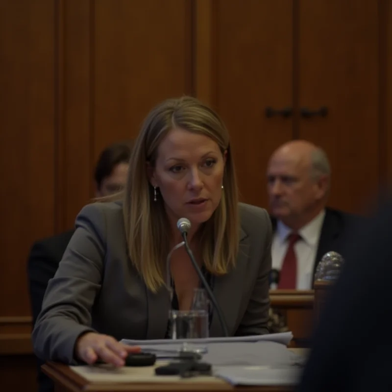 Close-up of a person testifying in court, with a blurred background of other participants.