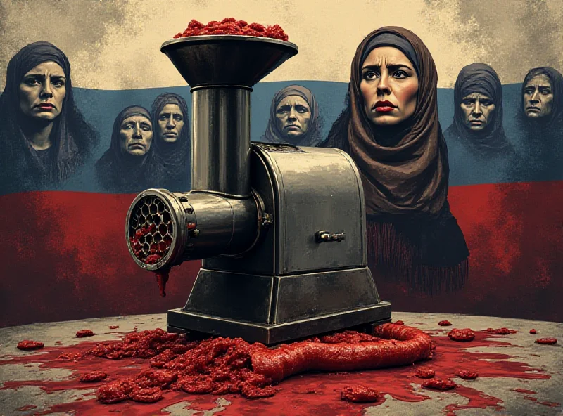 Illustration of a meat grinder with a Russian flag and sad faces of mothers in the background, suggesting loss and grief.