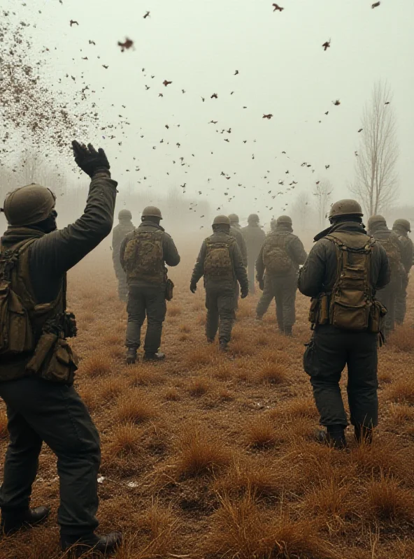 A group of Ukrainian soldiers throwing beehives towards unseen Russian soldiers on a battlefield. The scene depicts a mix of desperation and ingenuity.