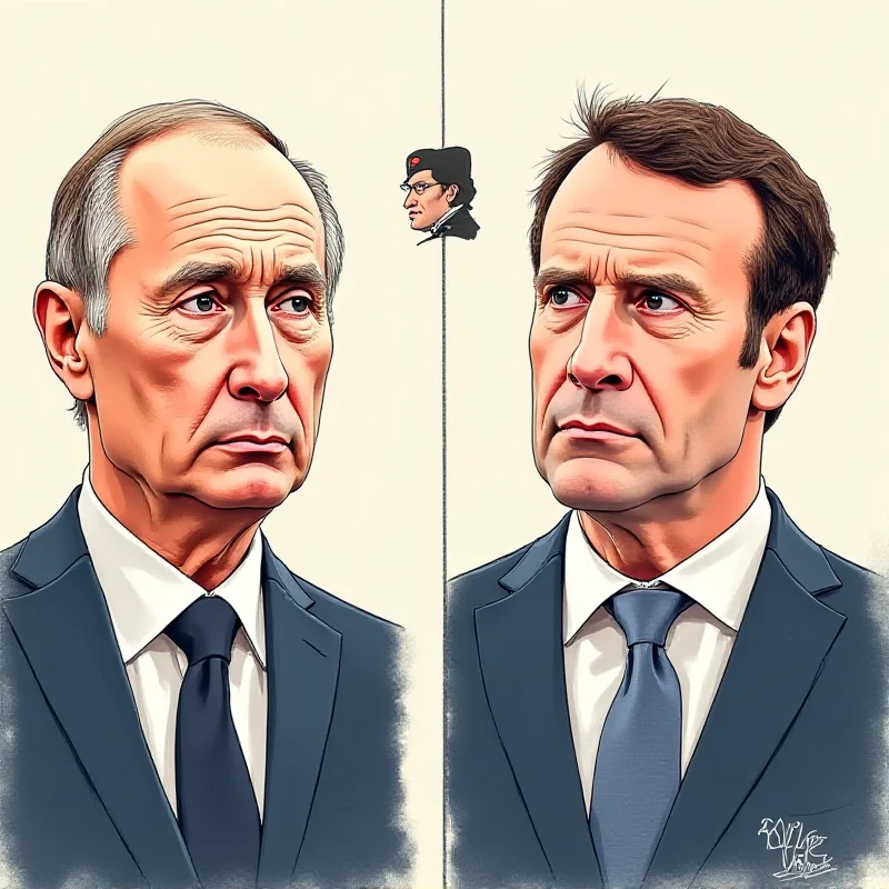 Split image: On the left, a serious Vladimir Putin. On the right, a composed Emmanuel Macron. In the middle, a subtle illustration of Napoleon's hat.