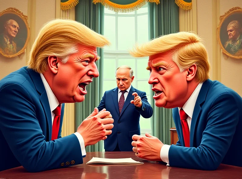 Illustration of Donald Trump and Volodymyr Zelenskyy arguing in front of a gleeful Vladimir Putin.