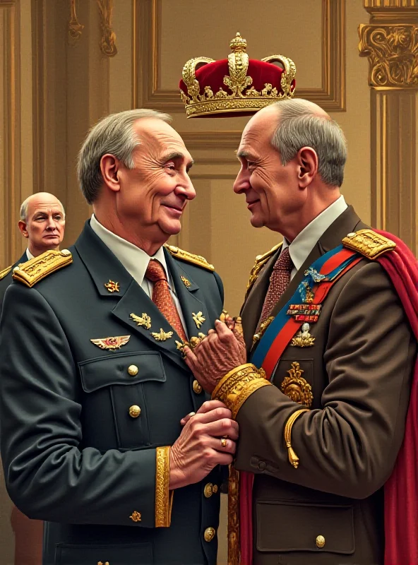 Illustration of Vladimir Putin being crowned by General Min Aung Hlaing as elephants roam in the background.