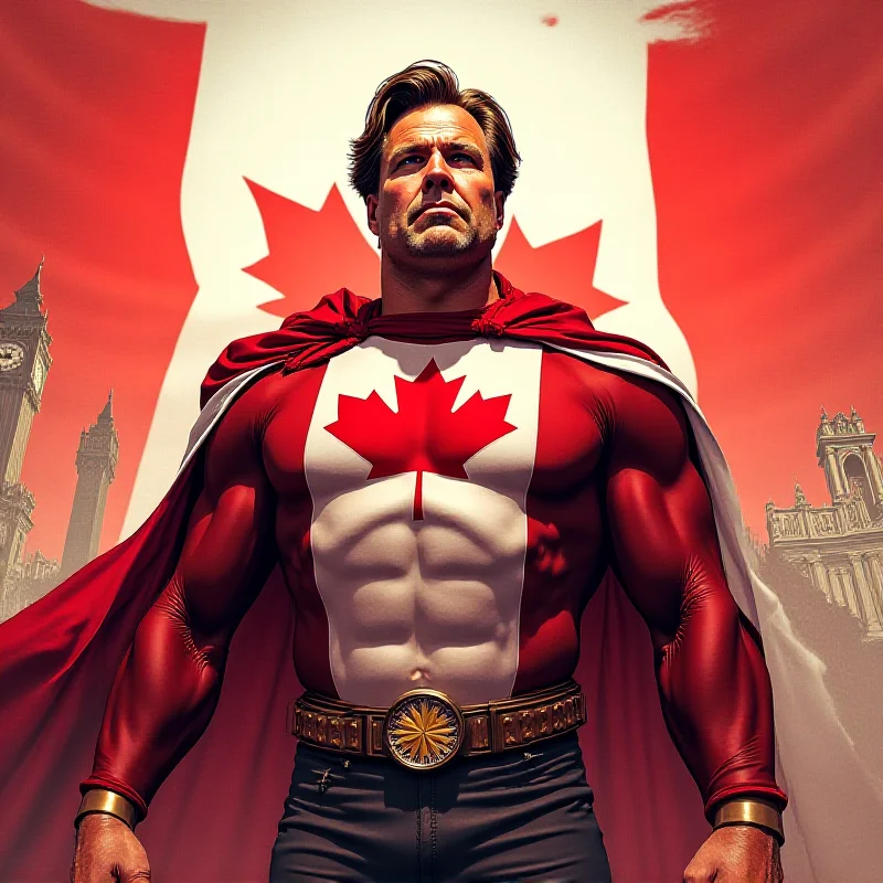 Illustration of Doug Ford dressed as a superhero, standing in front of the Canadian flag.