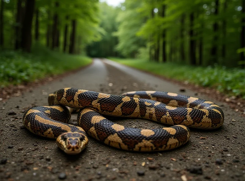 A dead royal python lying on a forest road.