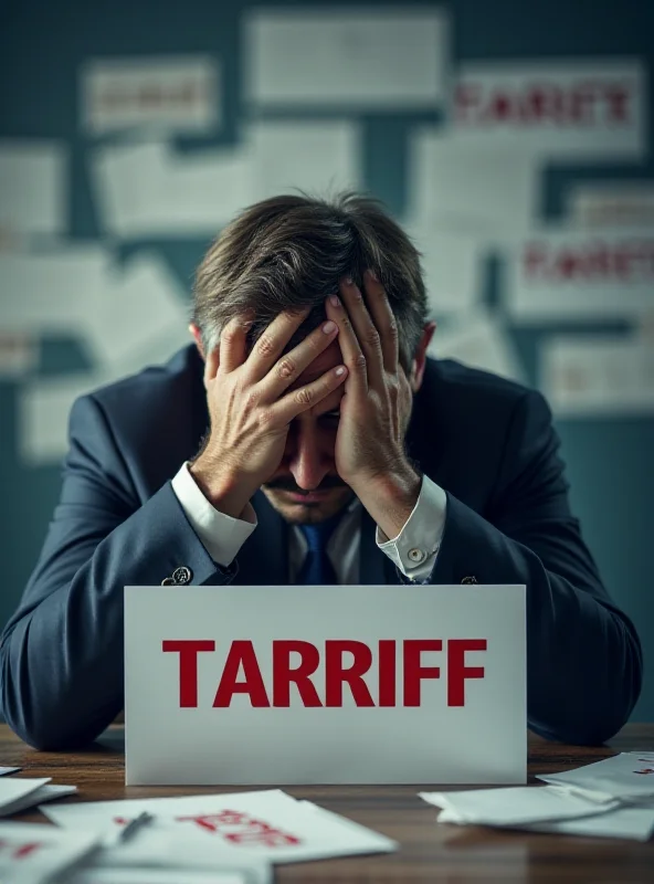 Image of a businessman looking stressed while surrounded by tariff signs.