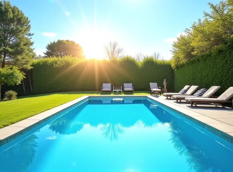 A modern swimming pool surrounded by a well-manicured lawn and patio furniture, bathed in the warm glow of a late afternoon sun.