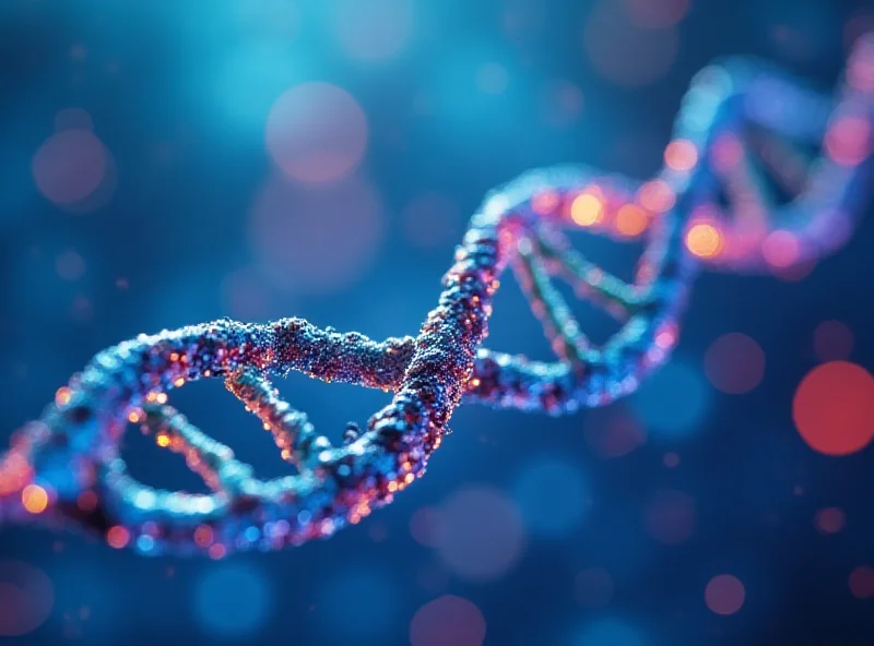 Microscopic view of DNA sequencing in progress, with vibrant colors highlighting the strands. Focus on the advanced technology and scientific innovation.