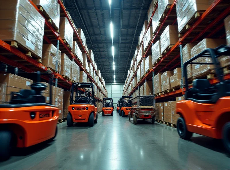 A busy warehouse scene with forklifts moving pallets of technology products, emphasizing the scale and efficiency of Ingram Micro's distribution network.