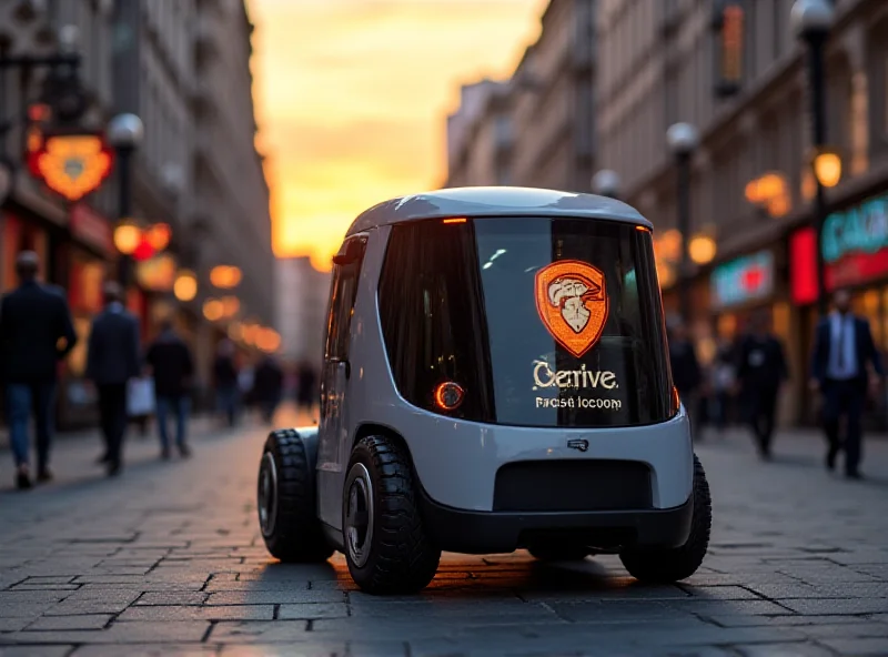 Robotic delivery vehicle on a city street at dusk.