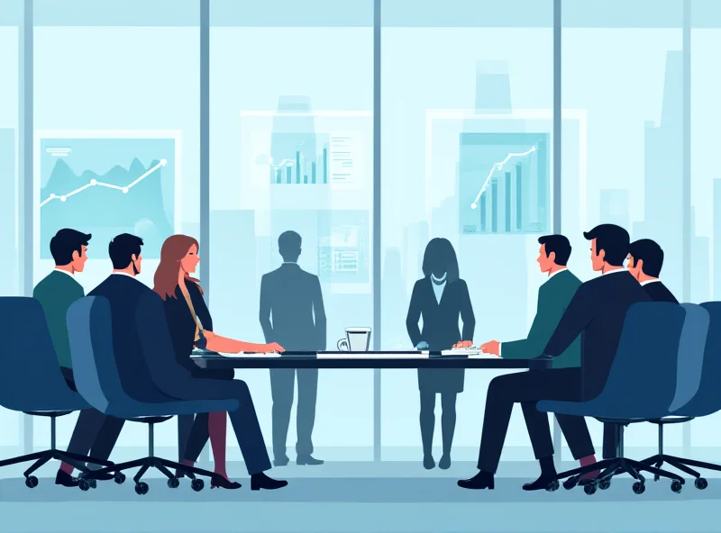 A stylized image representing a business meeting with graphs and charts visible in the background.