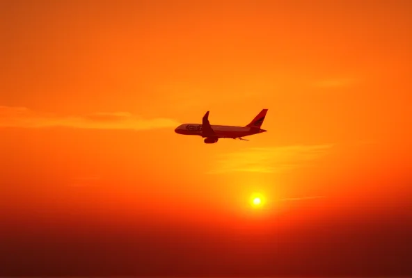 An airplane taking off at sunset, symbolizing growth and future outlook in the airline industry.