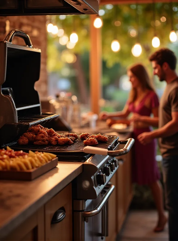 A sleek, modern kitchen featuring a Traeger grill being used to cook food. The atmosphere is warm and inviting, with soft lighting highlighting the grill and the food being prepared.