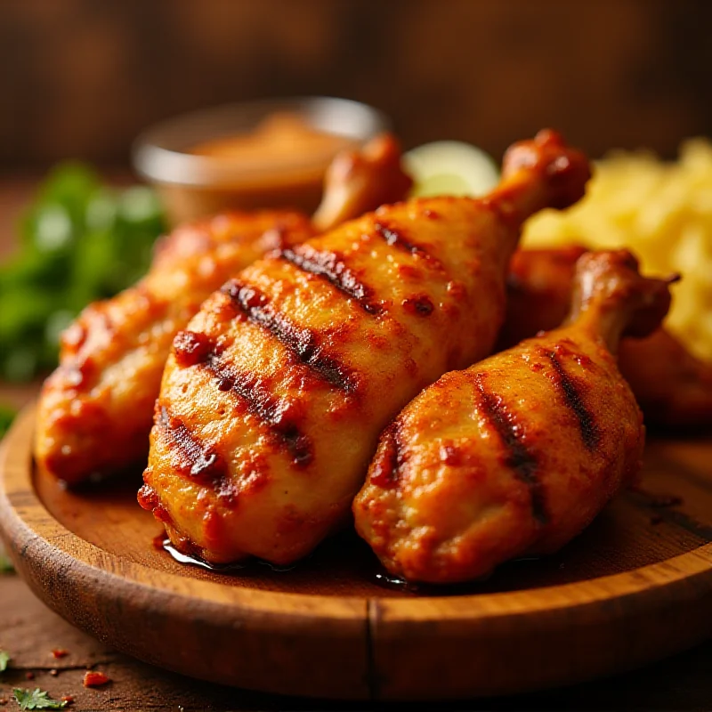 A close-up shot of a perfectly grilled El Pollo Loco chicken, showcasing its crispy skin and juicy meat. The chicken is presented on a rustic wooden platter with a side of fresh cilantro and lime wedges.