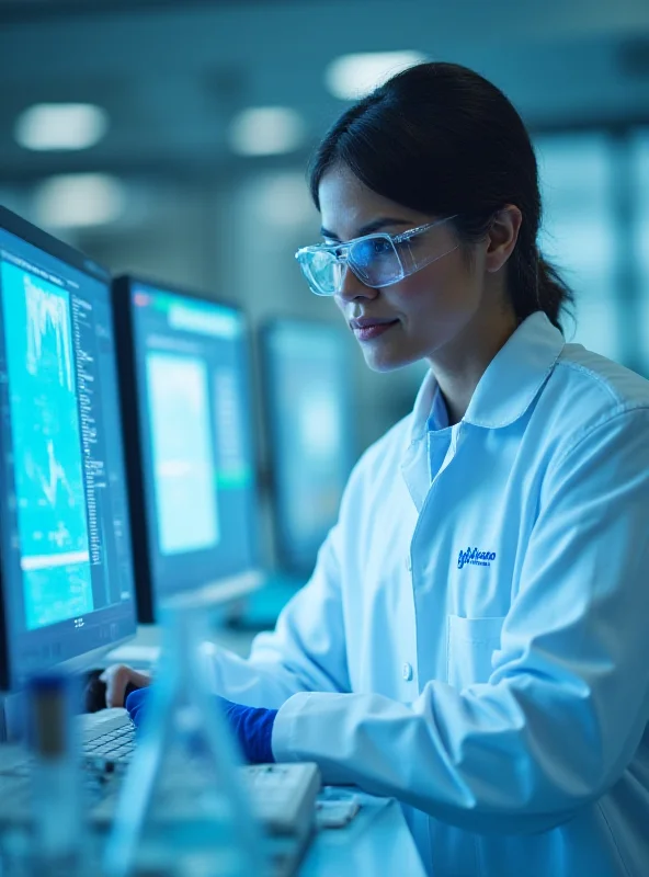 A medical researcher in a lab coat analyzing data on a computer screen, representing Y-mAbs Therapeutics.