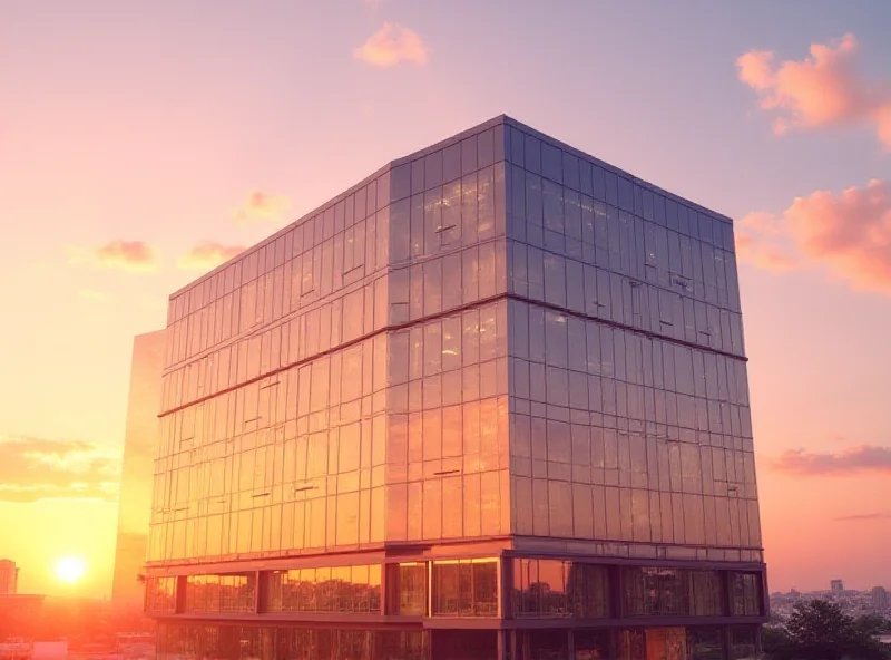 Modern office building exterior with glass facade, sunrise in the background.