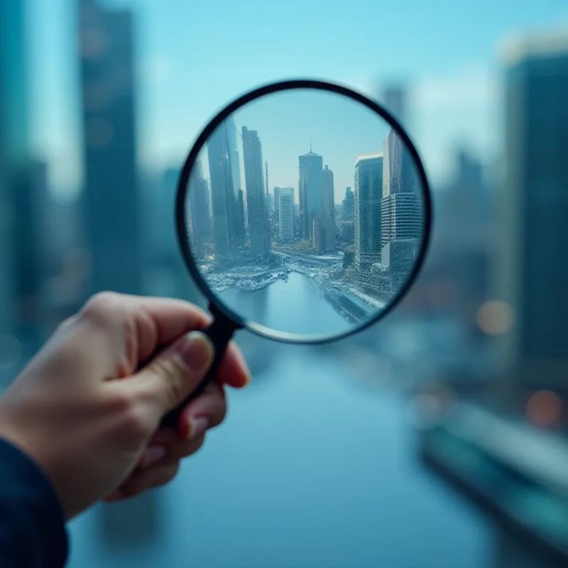 Close-up of a hand holding a magnifying glass over financial charts, with a blurred cityscape in the background.