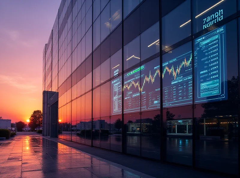 Modern office building with financial charts displayed on large screens