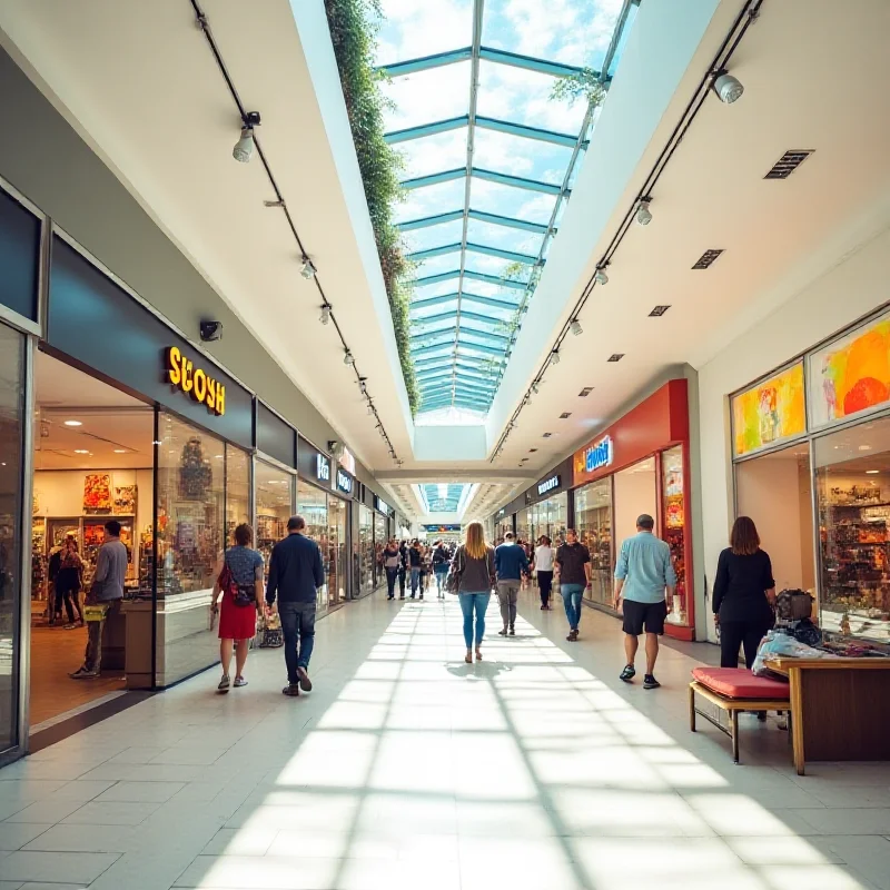 Modern shopping mall interior with people browsing stores and restaurants