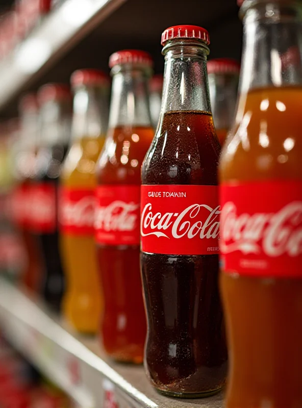 Image of Coca-Cola FEMSA product bottles on a store shelf.